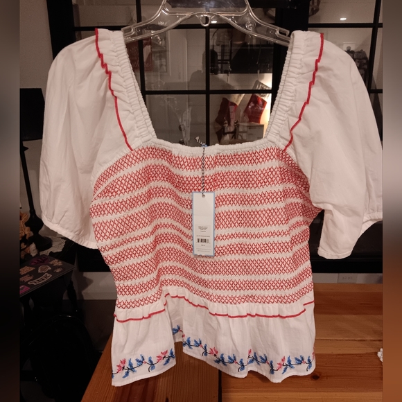 Draper James Tops - Draper James, Embroidered Blouse, size- L,  White, Red, and Blue, NWT